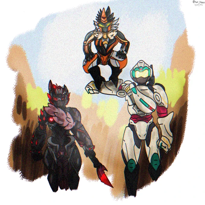 On the road to battle, Carnelian walks with Phoenix by his side, and Archerwing on his arm like a bird and it's trainer.

Carnelian's design is a mix of the Grineer, Doomguy, Deku, and his older designs.

Phoenix's is based on Blackwatch Genji, mixed with my friend's design and Zephyr Prime.

Archerwing's design is a mix of my other friend's design and Lotus
