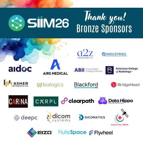 Graphic showcasing the bronze sponsors for the SIIM26 event, featuring logos of various companies. The design includes colorful abstract elements and text thanking sponsors.