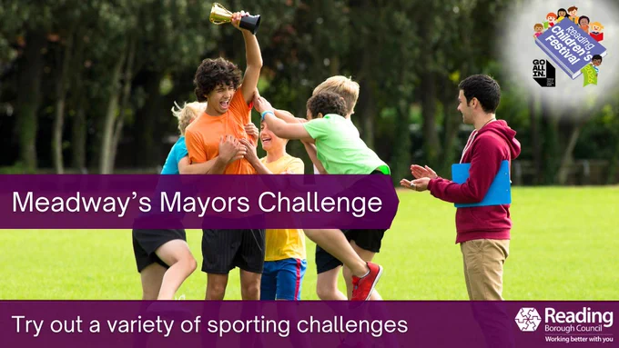 Children celebrating winning a trophy at Meadway's Mayors Challenge sporting event.