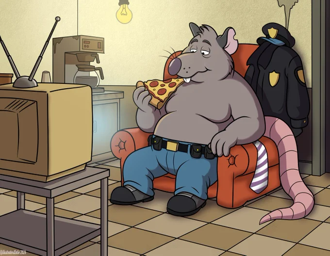 una rata gorda comiendo pizza frente a un televisor viejo