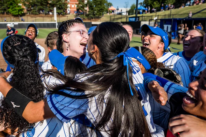 A photo of the Duke softball team celebrating its 2026 Durham Regional championship.