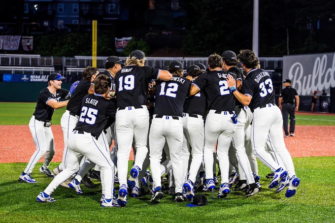 A photo of the Duke baseball team celebrating its 2025 Athens Regional championship.