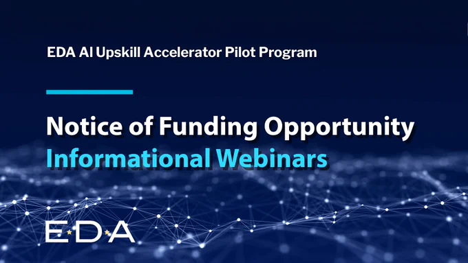 Graphic of abstract technology dot network connections background, with the text EDA AI Upskill Accelerator Pilot Program, Notice of Funding Opportunity Informational Webinars.