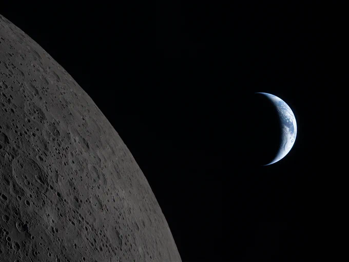 A crescent Earth appears on the right side of the image, while the gray, heavily cratered surface of the Moon is visible at left. Blue water and white clouds are visible in the little bit of Earth that we can see. Credit: NASA