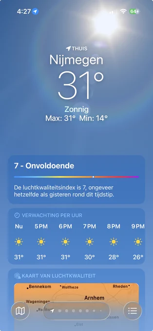 Sunny weather in Nijmegen, 31°C; a poor air quality index of 7 is noted, with hourly forecasts showing consistent temperatures.