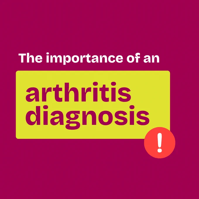 A maroon background features white text stating, "The importance of an," followed by larger yellow text, "arthritis diagnosis." A red circle with an exclamation mark is in the bottom right corner.