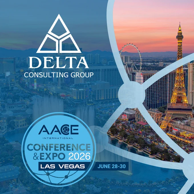 A promotional graphic for the AACE International Conference & Expo 2026, set in Las Vegas from June 28-30. It features the Delta Consulting Group logo at the top, with a background image of the Las Vegas skyline, including the Eiffel Tower replica.