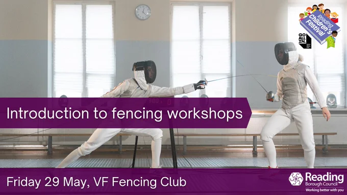 Two fencers in protective gear practicing. Text announces "Introduction to fencing workshops".