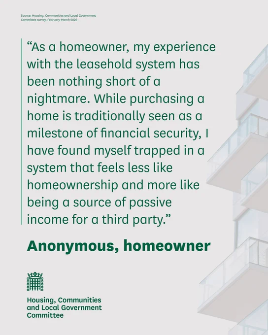 "As a homeowner, my experience with the leasehold system has been nothing short of a nightmare. While purchasing a home is traditionally seen as a milestone of financial security, I have found myself trapped in a system that feels less like homeownership and more like being a source of passive income for a third party." 
- Anonymous, homeowner

Source: Housing, Communities and Local Government Committee survey, February - March 2026.