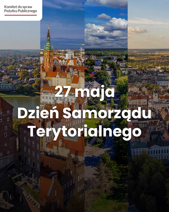 Grafika informacyjna. W lewym górnym rogu logo Komitetu do spraw Pożytku Publicznego. W tle cztery zdjęcia ilustracyjne, które pokazują polskie miasta: Kraków, Gdańsk, Augustów i Kalisz. Pośrodku grafiki tekst: 27 maja Dzień Samorządu Terytorialnego.