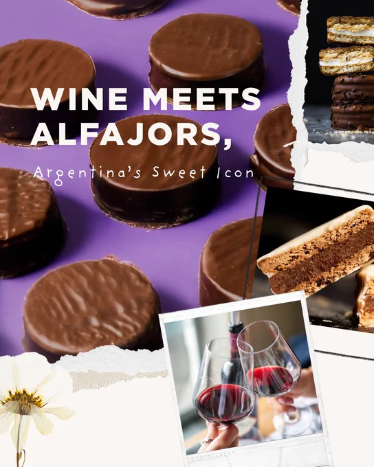 Argentine Alfajors made with wine. Text over the image: "Wine Meets Alfajors, Argentina's Sweet Icon."
