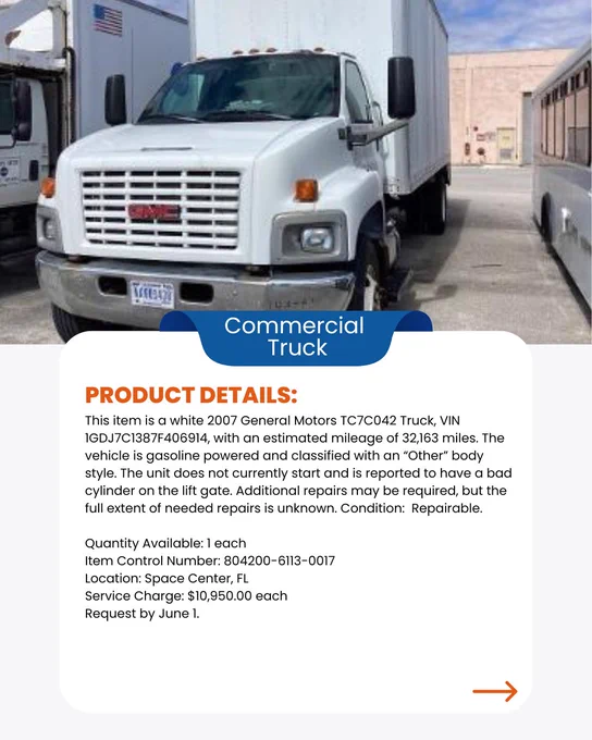 Graphic contains image of a white 2007 General Motors TC7C042 Truck. The graphic also contains written information about the item including the price of $10,950.00 and the items location which is Space Center, FL. 