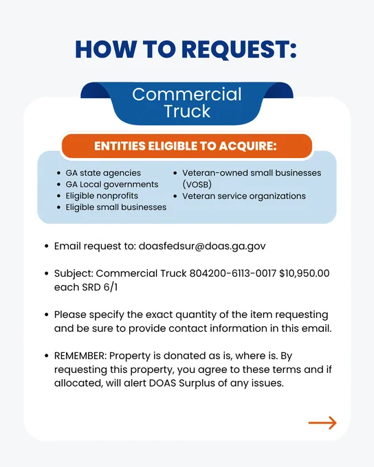 The graphic contains written information about the item and how to request it from DOAS Surplus. To request, interested parties must email doasfedsur@doas.ga.gov with the item name in the subject line. This item must be requested by June 1. 