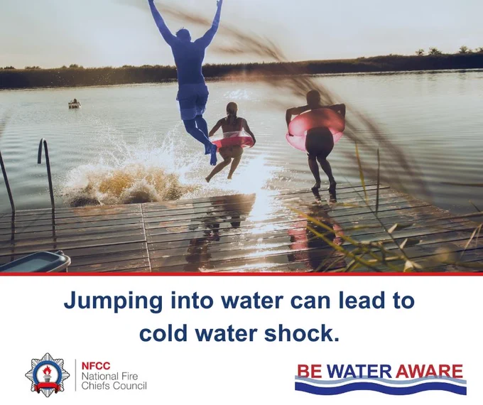 Image of people jumping in to open water with a banner stating Jumping int water can lead to cold water shock