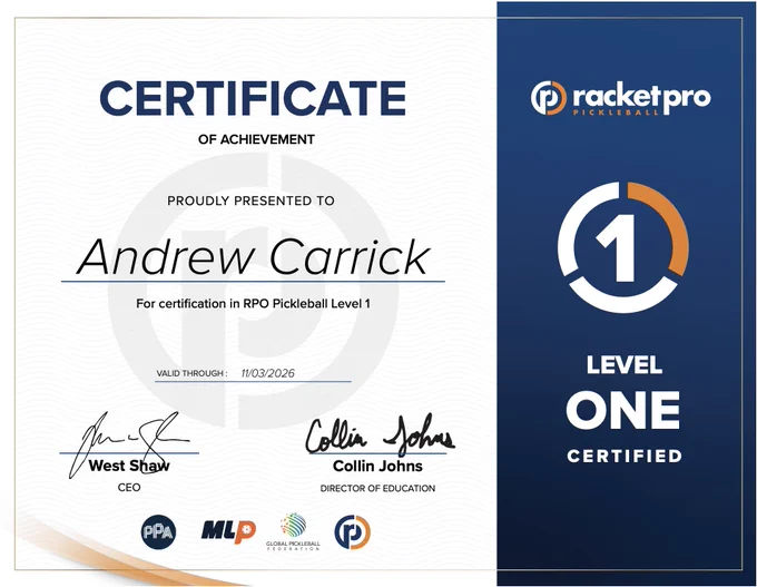 Drew Carrick - RPO Level 1 Certified Pickleball Instructor