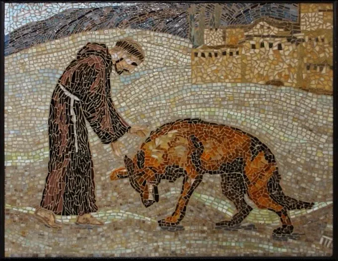 St Francis and the Wolf of Gubbio, mosaic by Pamela Mauseth