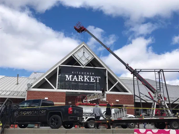 A sign installation in progress.