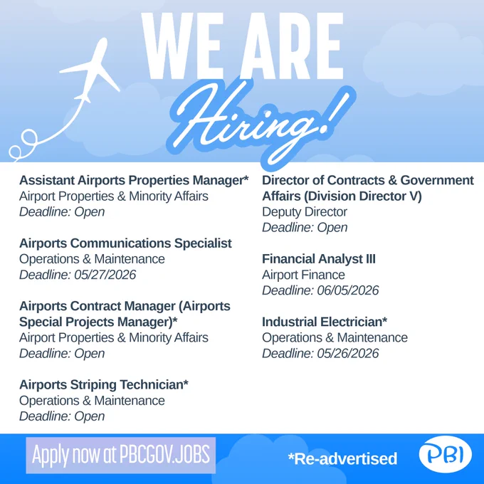 Graphic that says 'we are hiring' with airport jobs displayed below.