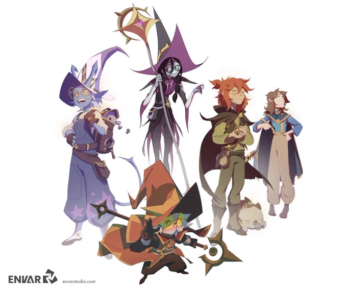 A vibrant illustration of five fantasy characters, each with unique outfits and expressions, standing together. The artwork has a whimsical and adventurous mood.