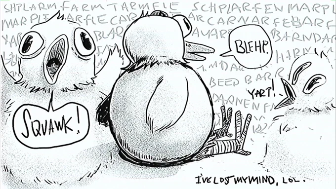 Manga illustration of small fat birds squawking obnoxiously.