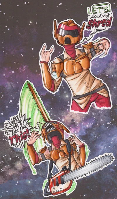 Lord Phobos x Chainsaw Man fanart cuz why the hell not lol first picture has him saying "Let's fucking shred" while holding thr chainsaw heart cord. Second picture has the chainsaw popping out of his head while saying "WAIT SHIT NOT LIKE THIS." His guitar is somehow also a chainsaw.