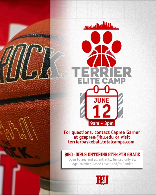 Flyer for BU women's basketball's Terrier Elite Camp on June 12.