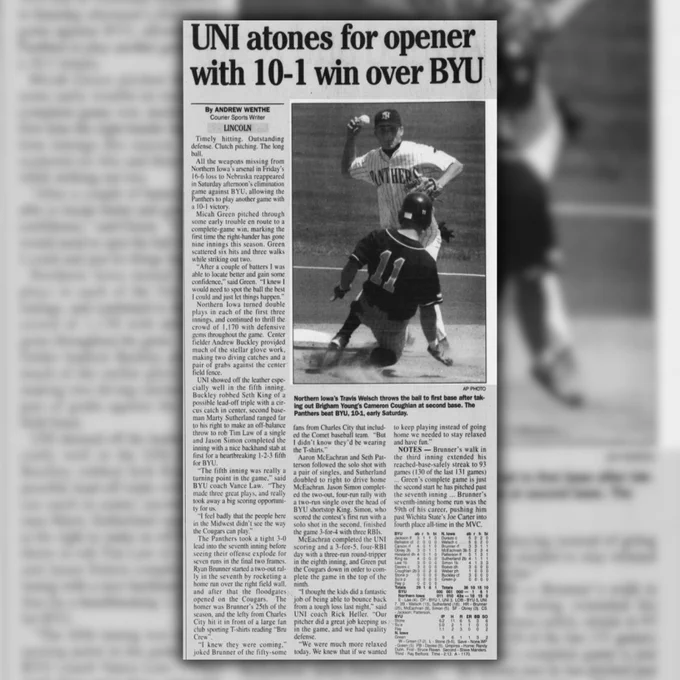 A newspaper clipping from the May 27, 2001 edition of the Waterloo-Cedar Falls Courier detailing Northern Iowa's 10-1 win over BYU in the 2001 NCAA Baseball Tournament. It was the Panthers lone Division I tournament win before the program's discontinuation in 2009. The article was written by Andrew Wenthe.
