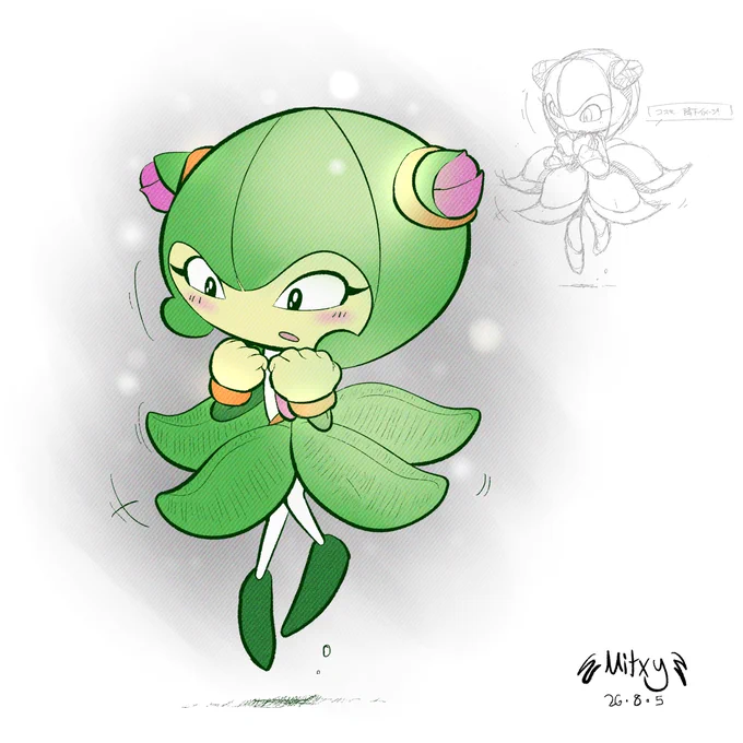 A full-color digital illustration of Cosmo the Seedrian from Sonic X drawn in the style of a Sonic Classic-era take with the style and shading brushing inspired by Judy Totoya, Tails' original designer, hovering in mid-air. She has a gently surprised, blushing expression with wide eyes and her hands clasped near her chest. Her signature green leafy dress is flared out around her legs to emphasize her floating movement. The artwork features a soft, glowing vignette background with small floating white light particles. In the upper right corner, there is a smaller, uncolored pencil sketch of the exact same pose accompanied by a small Japanese note. The artist's signature "Mitxy" and the date "26.8.5" are placed in the bottom right corner.