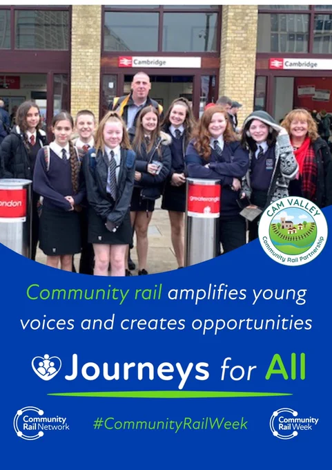 Photo at the top shows a group of young carers from Melbourn Village College standing outside Cambridge Railway Station. The white and bright green text below, on a deep blue background, reads: “Community rail amplifies young voices and creates opportunities. Journeys for All. #CommunityRailWeek.” Two copies of the white Community Rail Network logo are at the bottom of the image.