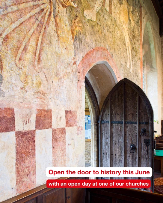  Interior with open wooden door (it opens in) and large medieval wall painting of St. George fighting the dragon covering the wall (c) Andy Marshall