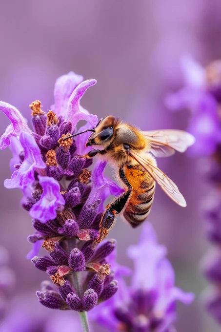  A close-up view of a bee on a purple flower, with other similar flowers in the background.