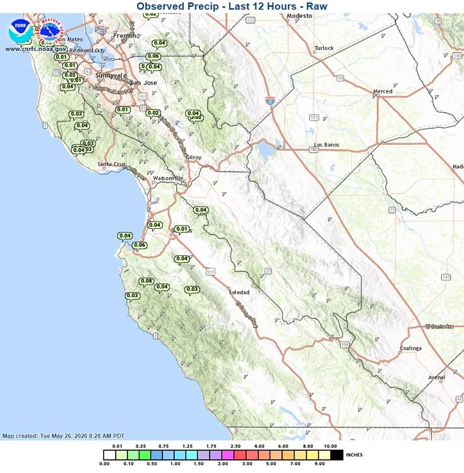 A National Weather Service regional map showing observed 12-hour raw precipitation totals for the California Central Coast, created on Tuesday, May 26, 2026, at 8:28 AM PDT. The map captures the coastline stretching from Santa Cruz down past Big Sur and Soledad. Scattered small green data bubbles mark light precipitation totals ranging from 0.01 to 0.06 inches across Santa Cruz, Watsonville, and coastal areas. The maximum accumulation of 0.08 inches is observed along the rugged coastal mountains of Big Sur. The precipitation color-scale bar at the bottom confirms values remain entirely within the lowest bracket (under 0.25 inches).