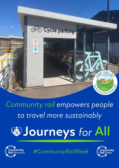 Photo at the top shows the cycle parking facility at Whittlesford station and the ramp to the platform. The white and bright green text below, on a deep blue background, reads: “Community rail empowers people to travel more sustainably. Journeys for All. #CommunityRailWeek.” Two copies of the white Community Rail Network logo are at the bottom of the image.