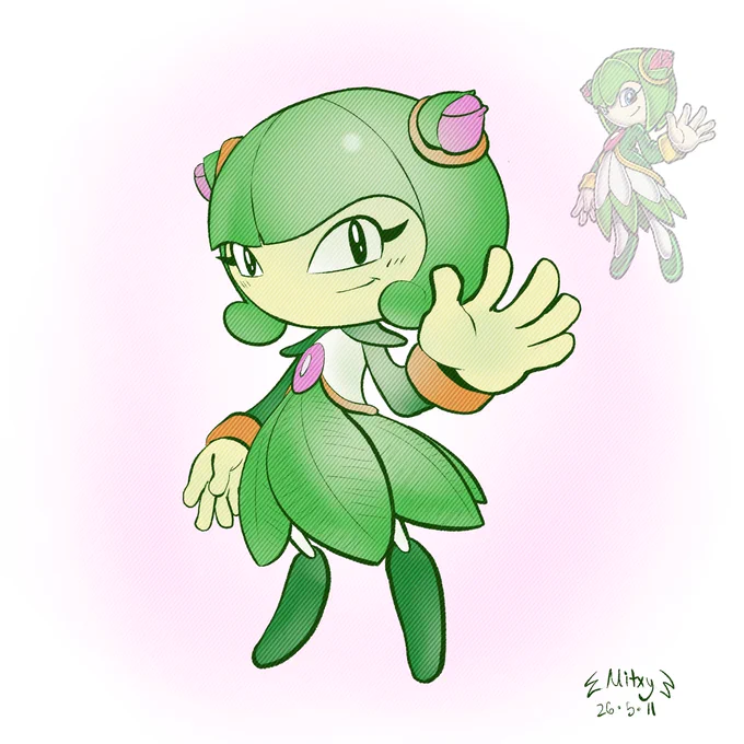A full-color digital illustration of Cosmo the Seedrian from Sonic X in a take of the Classical-era inspired by Judy Totoya, Tails' original designer. She is standing and looking forward with a soft, friendly smile, raising her left hand in a gentle wave. She is wearing her classic green and white outfit with leafy skirt details, pink rosebuds on her head, and a red gem on her chest. The coloring features smooth shading mixed with subtle hatching textures on the green parts of her design. In the top right corner, there is a smaller reference image of Cosmo in the same waving pose. The background is a soft pink and white radial gradient. The artist's signature "Mitxy" and the date "26.5.11" are written in the bottom right.