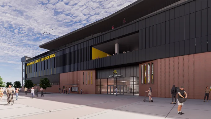 A modern sports facility with "Wichita State Shockers" signage is visible. Several people are outside the West Entrance, with some walking and others using bikes and scooters. The building has large windows and a brick facade under a partly cloudy sky.