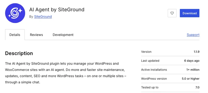 The plugin page for AI Agent by SiteGround, showing 1  million active installations.