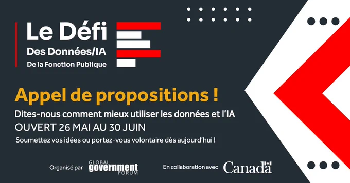 Le Défi Des Données/IA De la Fonction Publique
Appel de propositions ! Dites-nous comment mieux utiliser les données et l'IA
OUVERT 6 MAI AU 6 JUIN
Soumettez vos idées ou portez-vous volontaire dès aujourd'hui !