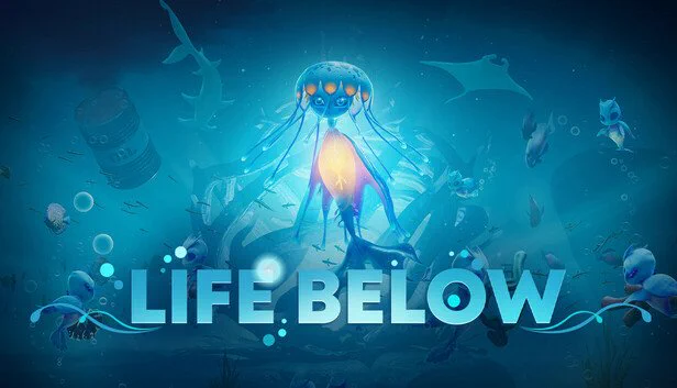 The logo of the game "life below" with one of the jellyfish characters behind 