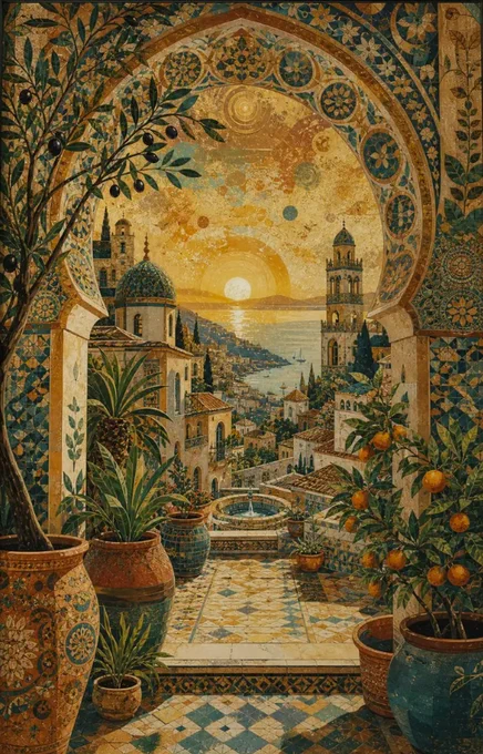 Mediterranean Mosaic Wall Art, Coastal Sunset Print, Amalfi Arch Decor via https://www.etsy.com/listing/4503635951