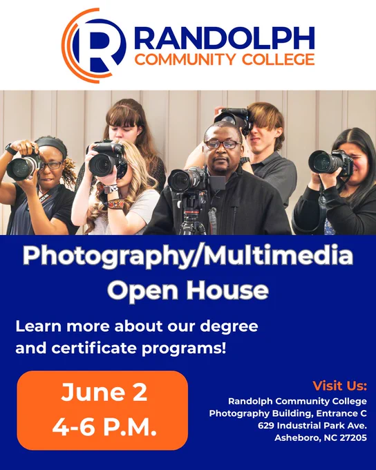 Graphic for Randolph Community College’s Photography/Multimedia Open House. The graphic features several students and an instructor holding professional cameras in a photography classroom setting. Text reads: “Photography/Multimedia Open House — Learn more about our degree and certificate programs! June 2, 4–6 P.M.” Location listed as Randolph Community College Photography Building, Entrance C, 629 Industrial Park Ave., Asheboro, NC 27205. RCC logo appears at the top in blue and orange branding colors.