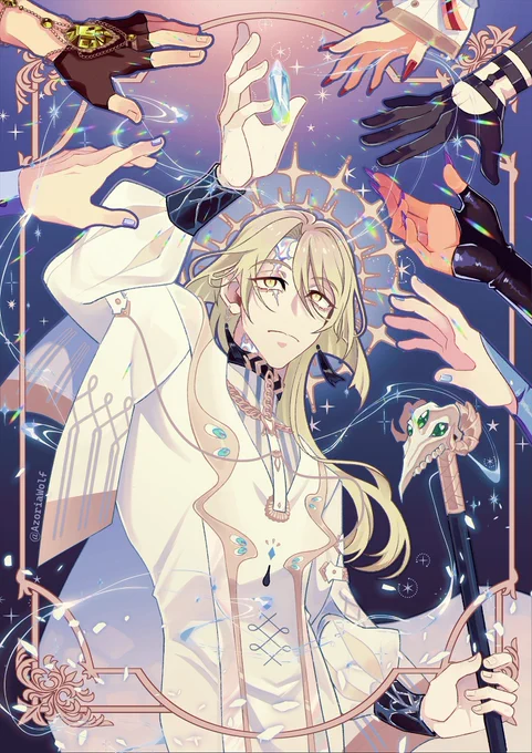 Huey from the  18 game Nu:carnival. He is the grand sorcerer and his holding eiden gemstone in his palm, Aster, quincy, kuya , Rei, Blade and morvay hands are reaching for the gemstone.