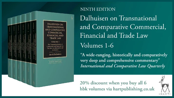 Banner for volumes 1-6 of Dalhuisen on Transnational and Comparative Commercial, Financial and Trade Law, 9th edition. The banner features images of the 6 book covers, along with a review quote and details about a 20% discount when all 6 hardback volumes are ordered via hartpublishing.co.uk.