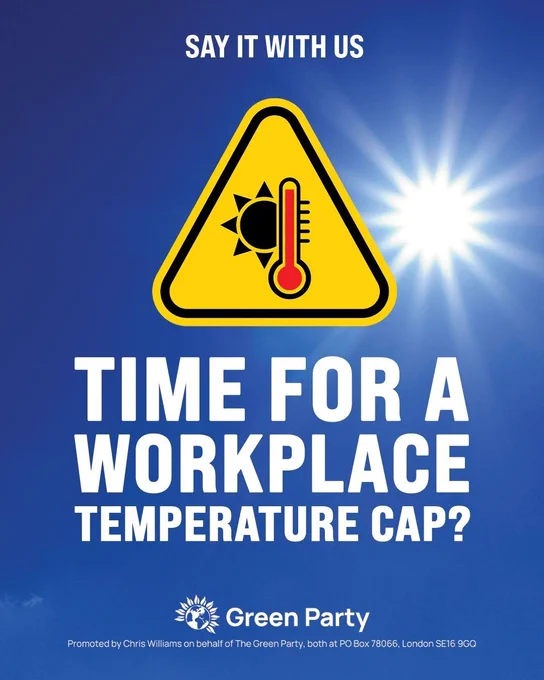 Say it with us: Time for a workplace temperature cap. A graphic with a warning sign with a thermometer in the red and a sun symbol