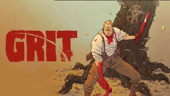 GRIT, the title of the comic, in large red letters appears on the left side of a banner image. On the right, a figure stands in front of a tree trunk with a symbol cut into it, holding a bloody axe in one hand and a bloody sword in the other hand.
