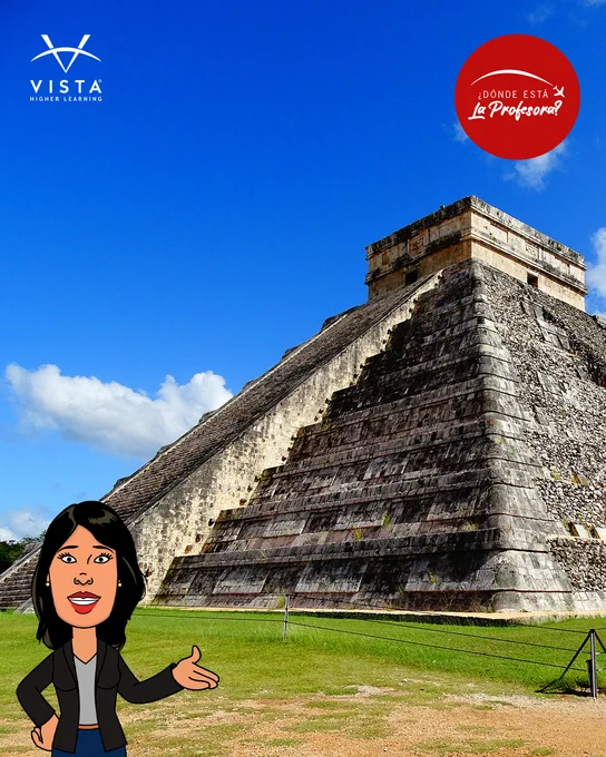 Cartoon character in front of a pyramid, with logos for Vista Higher Learning and "¿Dónde está la profesora?" visible in the corners.