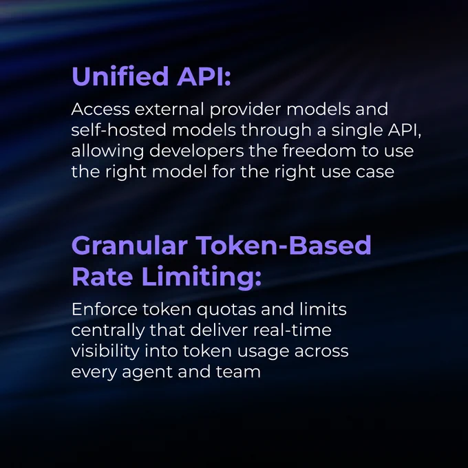 A dark-themed graphic with two main topics in bold purple text: "Unified API" and "Granular Token-Based Rate Limiting." The first topic describes accessing external and self-hosted models through a single API for flexibility. The second topic highlights the enforcement of token quotas for real-time visibility in usage across agents and teams.