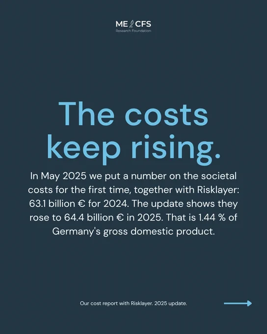 The image displays text stating "The costs keep rising." It provides data on societal costs in Germany, noting they were 63.1 billion euros in 2024 and 64.4 billion euros in 2025, which represents 1.44% of Germany's gross domestic product.