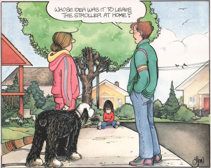 April, John, Elly and Farley are out for a walk on a nice spring day. April's decided she won't go any further so she sits on the sidewalk with her arms crossed, sulking. John asks whose idea it was to leave the stroller at home.