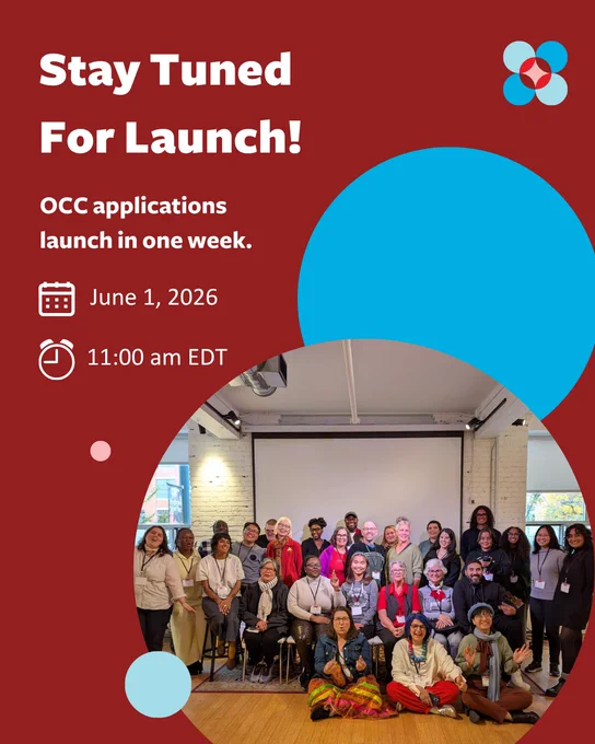 Group photo of 2025 OCC changemakers during Toronto studio, announcing OCC applications launching June 1, 2026, at 11:00 am EDT.