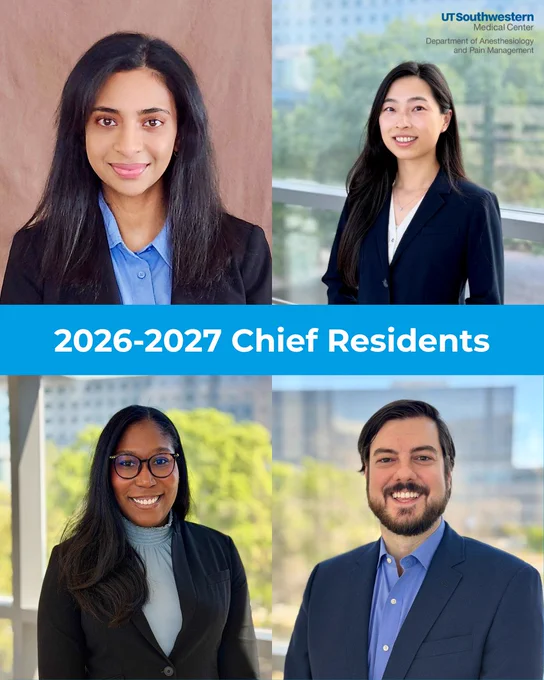 "2026-2027 Chief Residents" with headshots of Swathi Rayasam, Jenny He, Esme Nulan, and Dan Mija